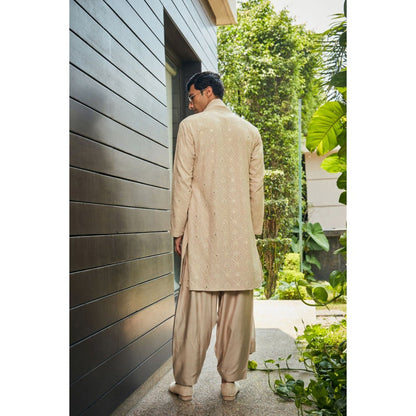 Bohame Udvah Beige Chikankari Kurta and Salwar with Dupatta (Set of 3)