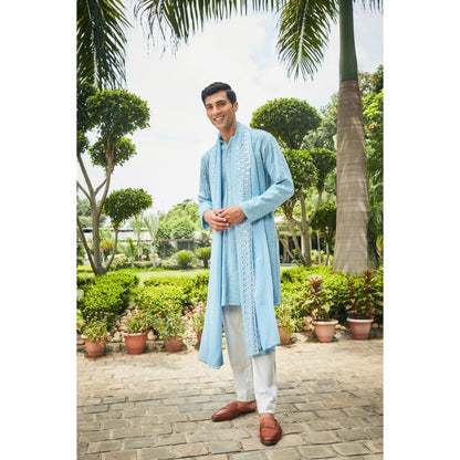 Bohame Udvah Light Blue Chikankari Kurta and Pant with Dupatta (Set of 3)