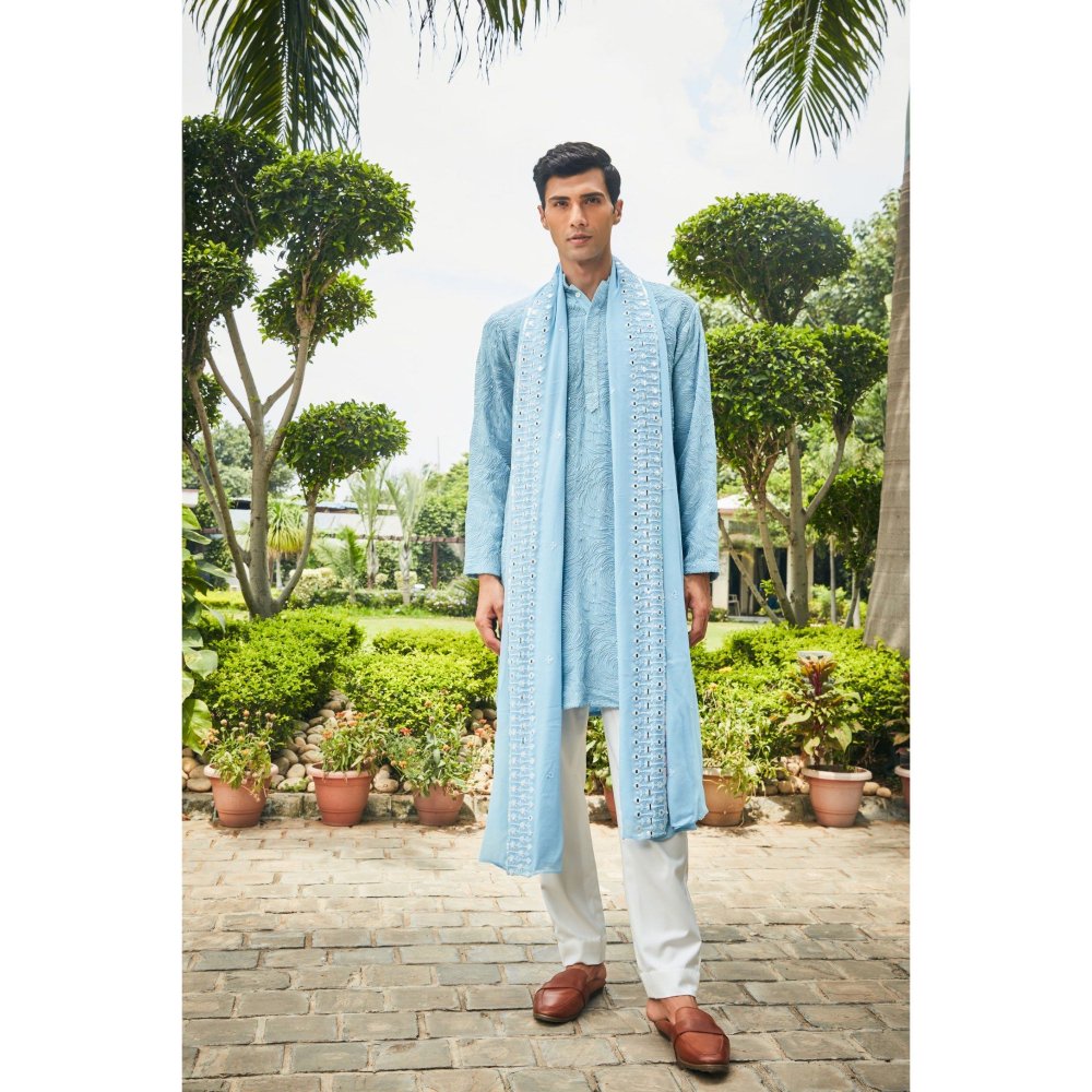 Bohame Udvah Light Blue Chikankari Kurta and Pant with Dupatta (Set of 3)