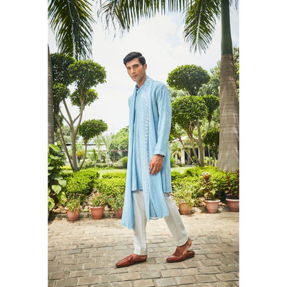 Bohame Udvah Light Blue Chikankari Kurta and Pant with Dupatta (Set of 3)