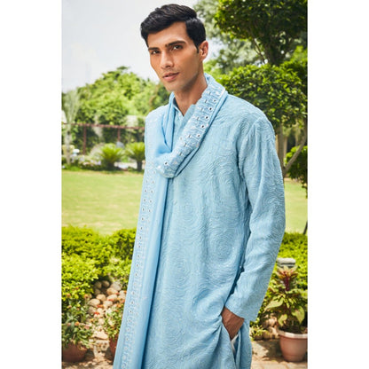 Bohame Udvah Light Blue Chikankari Kurta and Pant with Dupatta (Set of 3)