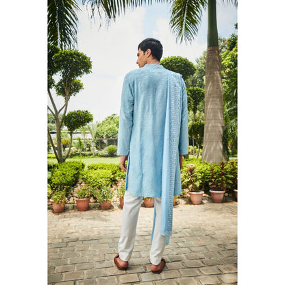 Bohame Udvah Light Blue Chikankari Kurta and Pant with Dupatta (Set of 3)