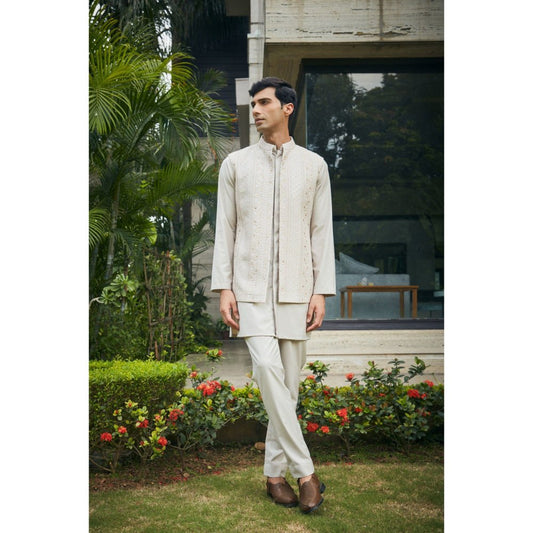 Bohame Iresh Ivory Chikankari Nehru Jacket and Kurta with Pant (Set of 3)