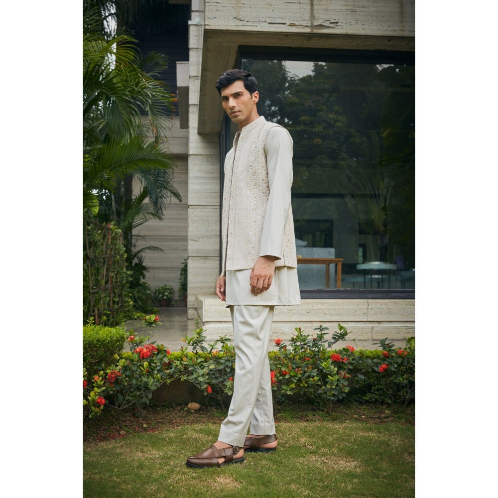 Bohame Iresh Ivory Chikankari Nehru Jacket and Kurta with Pant (Set of 3)