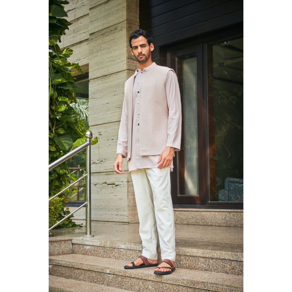 Bohame Vatsa Dusty Rose Chikankari Open Nehru Jacket and Kurta with Pant (Set of 3)