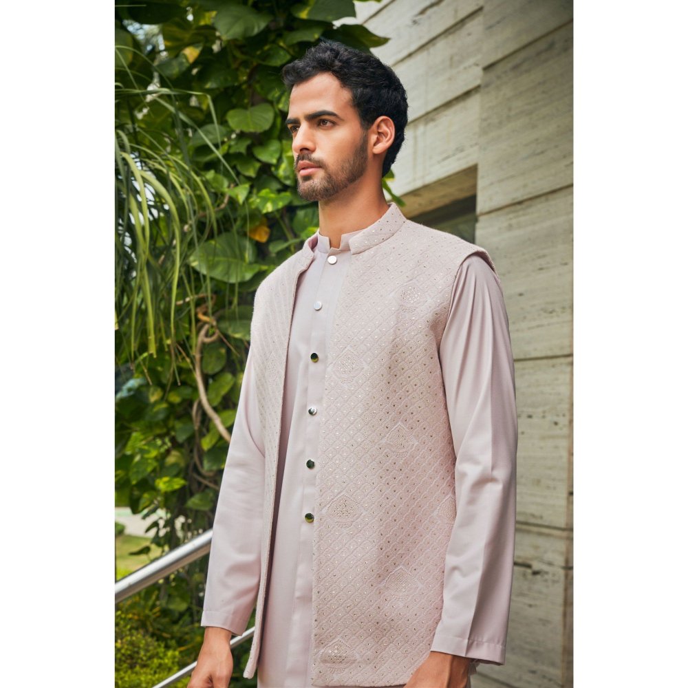 Bohame Vatsa Dusty Rose Chikankari Open Nehru Jacket and Kurta with Pant (Set of 3)