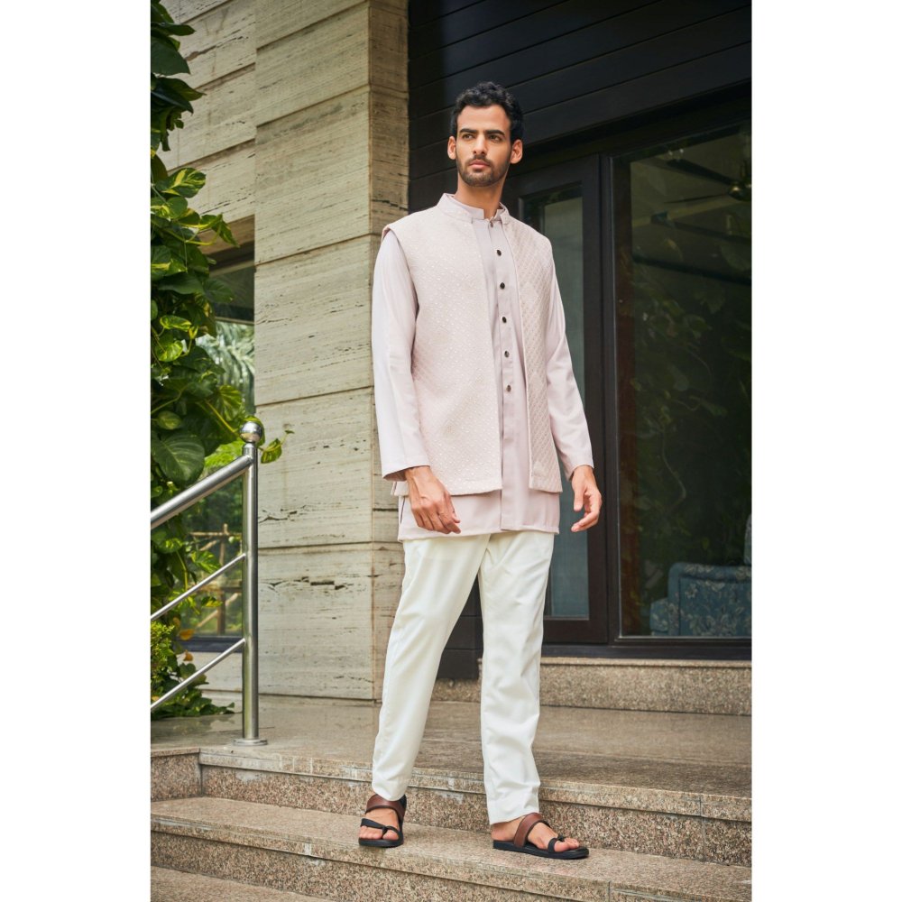 Bohame Vatsa Dusty Rose Chikankari Open Nehru Jacket and Kurta with Pant (Set of 3)