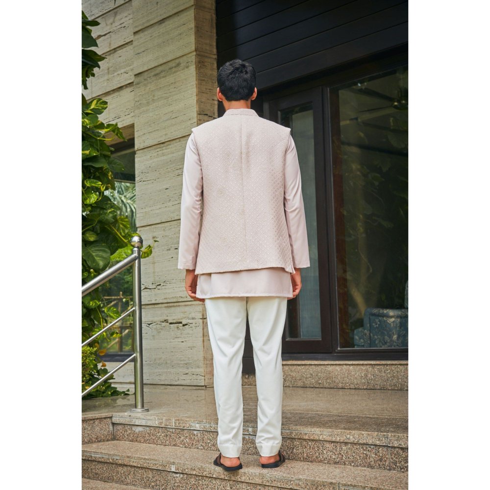 Bohame Vatsa Dusty Rose Chikankari Open Nehru Jacket and Kurta with Pant (Set of 3)