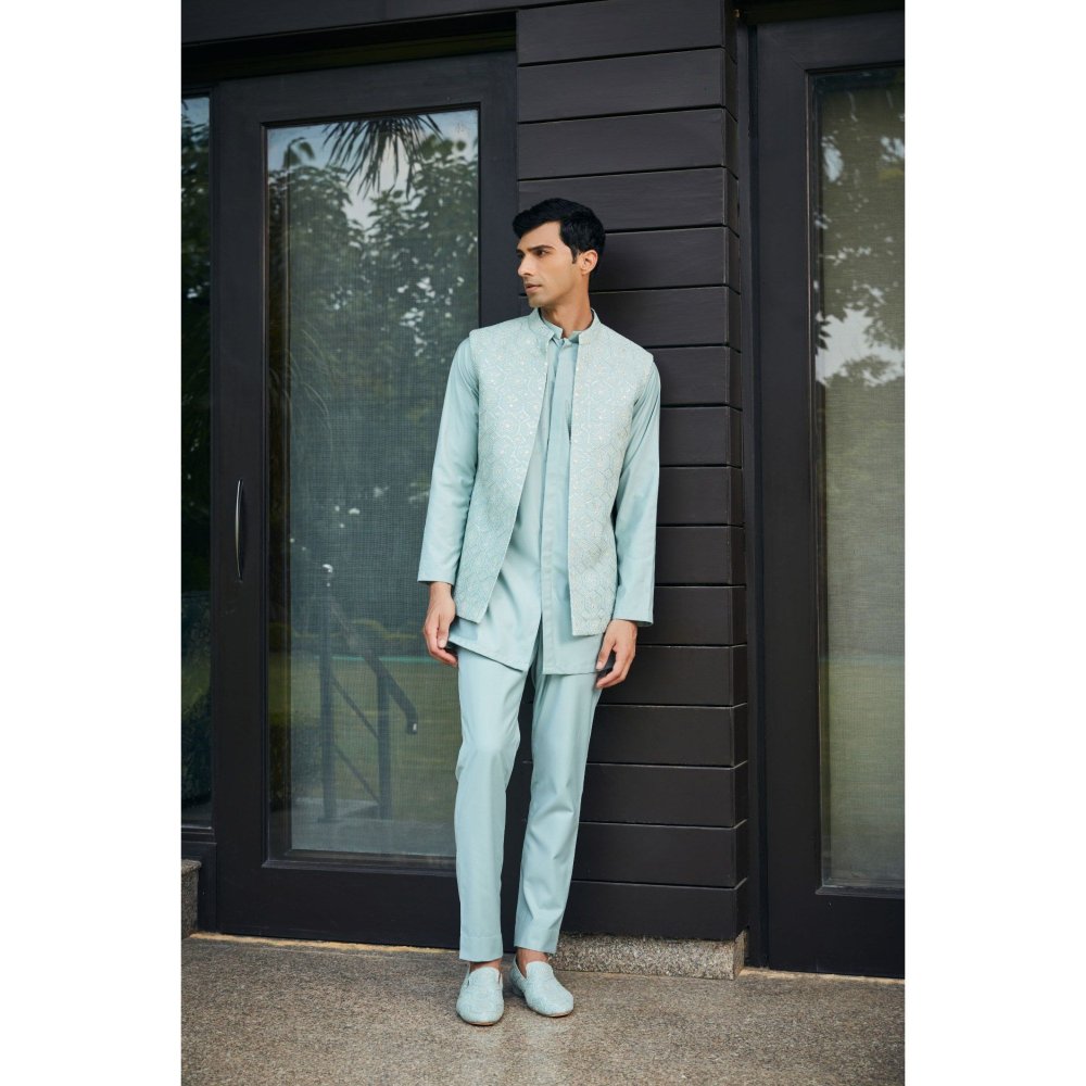 Bohame Bel Mint Green Chikankari Open Nehru Jacket and Kurta with Pant (Set of 3)