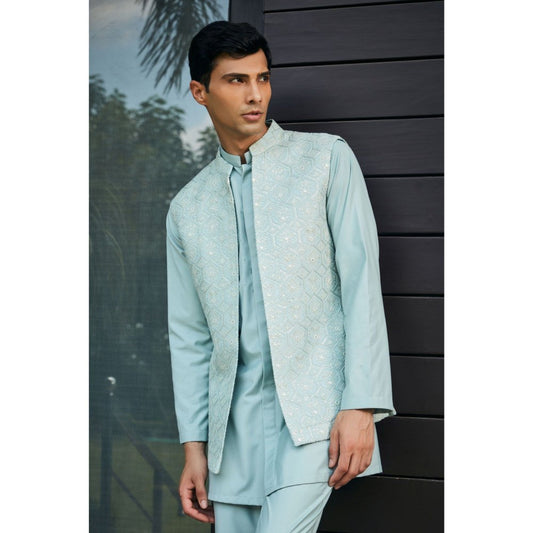 Bohame Bel Mint Green Chikankari Open Nehru Jacket and Kurta with Pant (Set of 3)