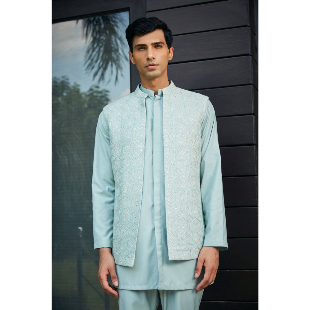 Bohame Bel Mint Green Chikankari Open Nehru Jacket and Kurta with Pant (Set of 3)