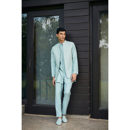 Bohame Bel Mint Green Chikankari Open Nehru Jacket and Kurta with Pant (Set of 3)