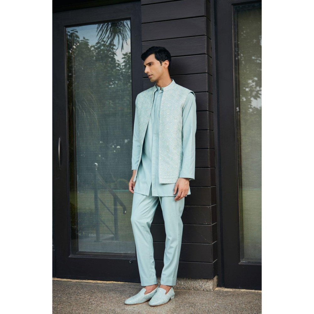 Bohame Bel Mint Green Chikankari Open Nehru Jacket and Kurta with Pant (Set of 3)