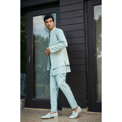 Bohame Bel Mint Green Chikankari Open Nehru Jacket and Kurta with Pant (Set of 3)