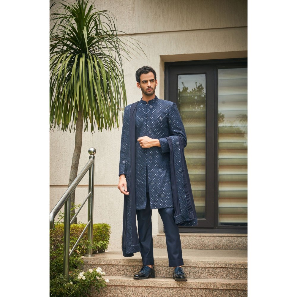 Bohame Anvit Navy Blue Chikankari Embroidery Sherwani Kurta and Pant with Dupatta (Set of 4)