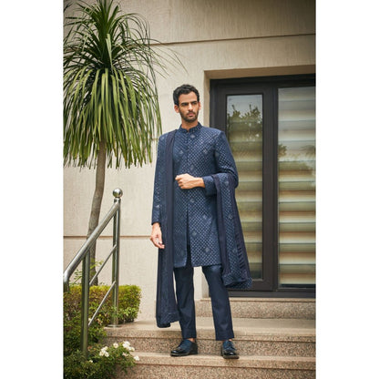 Bohame Anvit Navy Blue Chikankari Embroidery Sherwani Kurta and Pant with Dupatta (Set of 4)