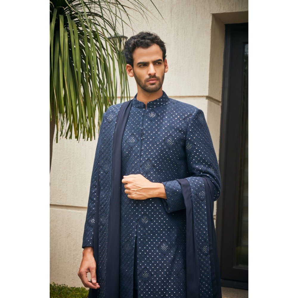 Bohame Anvit Navy Blue Chikankari Embroidery Sherwani Kurta and Pant with Dupatta (Set of 4)