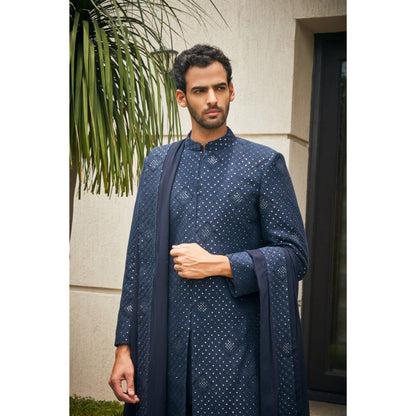 Bohame Anvit Navy Blue Chikankari Embroidery Sherwani Kurta and Pant with Dupatta (Set of 4)