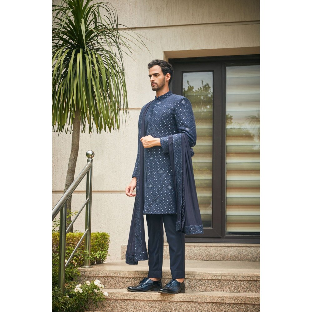 Bohame Anvit Navy Blue Chikankari Embroidery Sherwani Kurta and Pant with Dupatta (Set of 4)