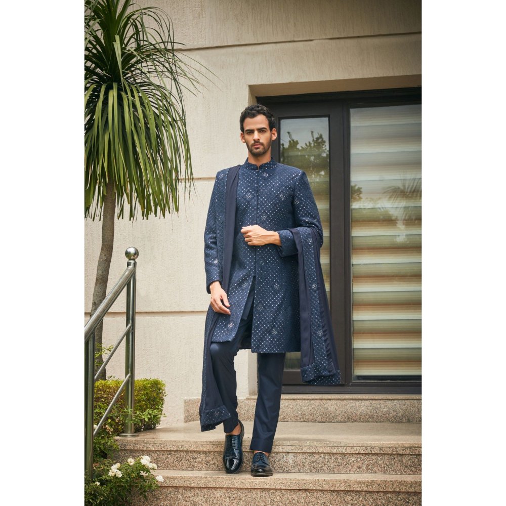 Bohame Anvit Navy Blue Chikankari Embroidery Sherwani Kurta and Pant with Dupatta (Set of 4)