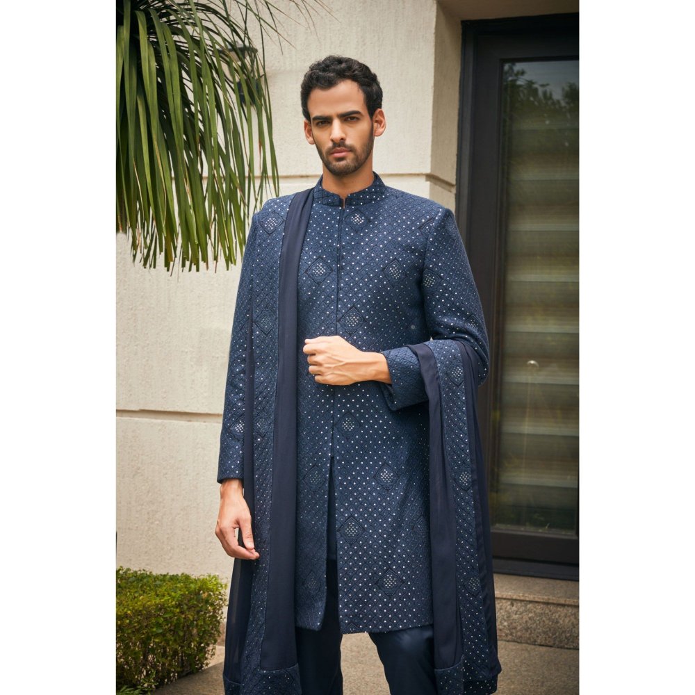 Bohame Anvit Navy Blue Chikankari Embroidery Sherwani Kurta and Pant with Dupatta (Set of 4)
