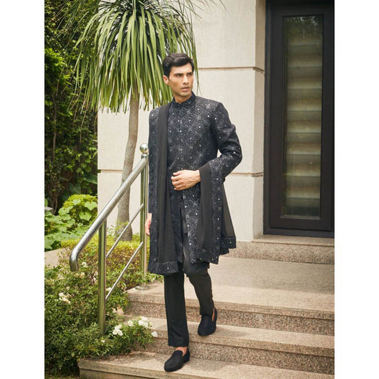 Bohame Varnit Black Chikankari Embroidery Sherwani Kurta and Pant with Dupatta (Set of 4)