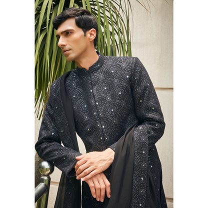 Bohame Varnit Black Chikankari Embroidery Sherwani Kurta and Pant with Dupatta (Set of 4)