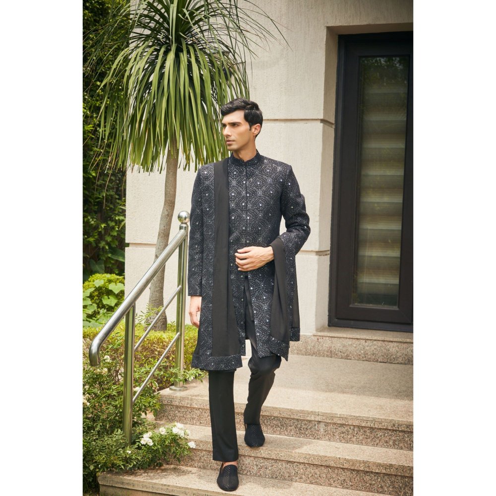 Bohame Varnit Black Chikankari Embroidery Sherwani Kurta and Pant with Dupatta (Set of 4)