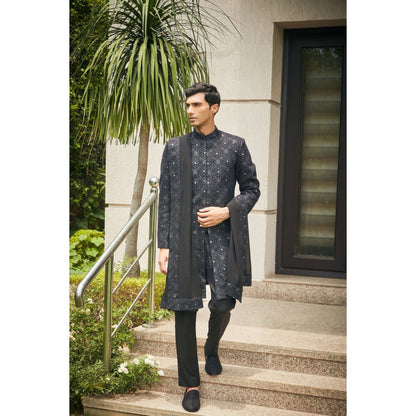 Bohame Varnit Black Chikankari Embroidery Sherwani Kurta and Pant with Dupatta (Set of 4)