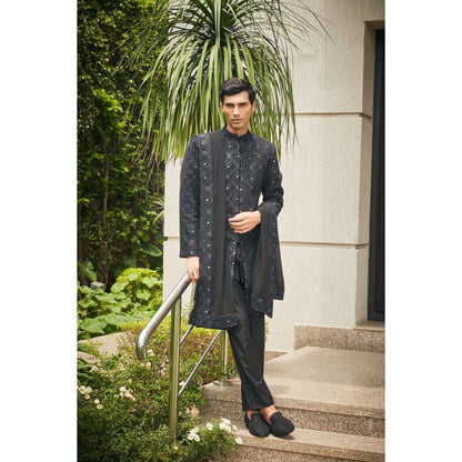 Bohame Varnit Black Chikankari Embroidery Sherwani Kurta and Pant with Dupatta (Set of 4)