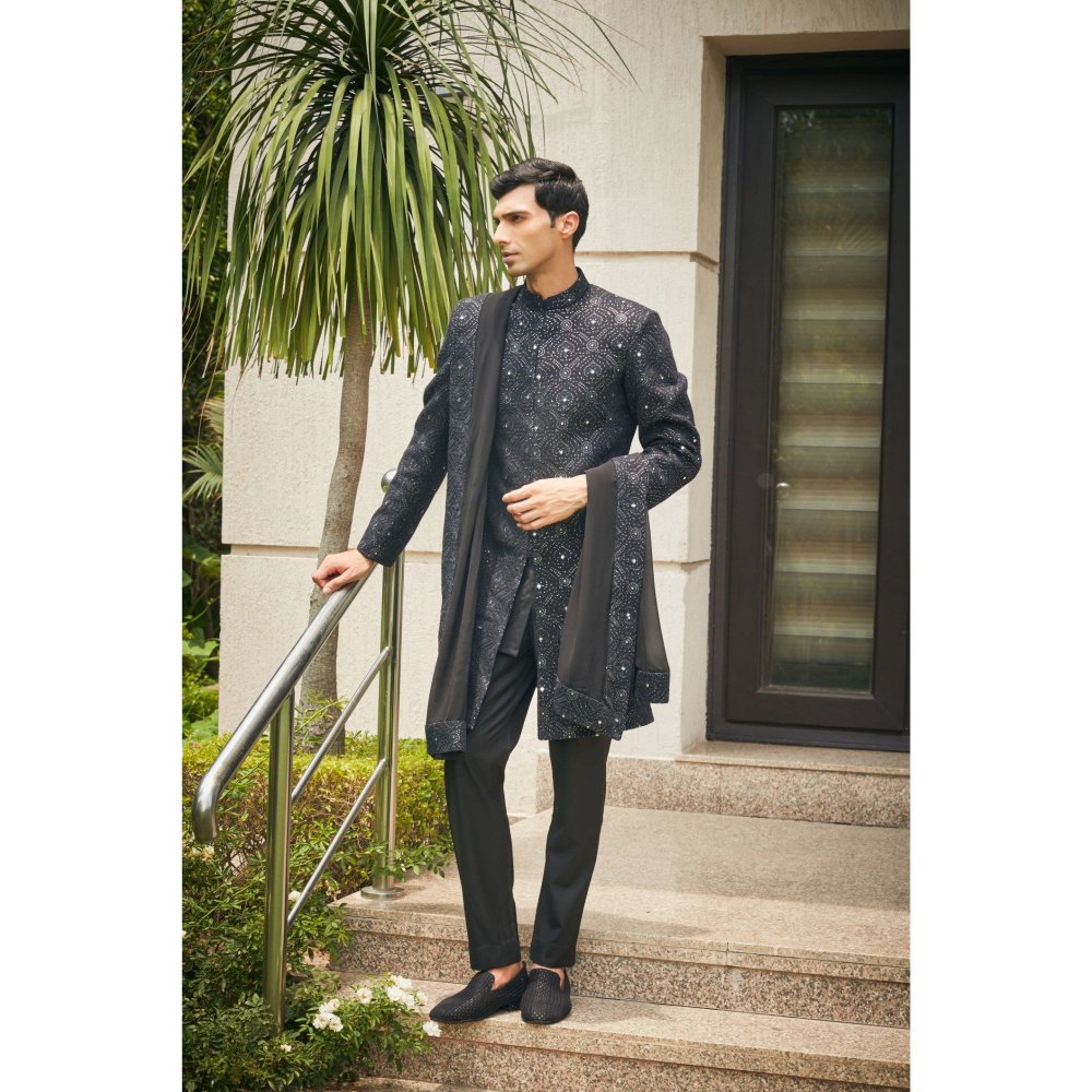 Bohame Varnit Black Chikankari Embroidery Sherwani Kurta and Pant with Dupatta (Set of 4)