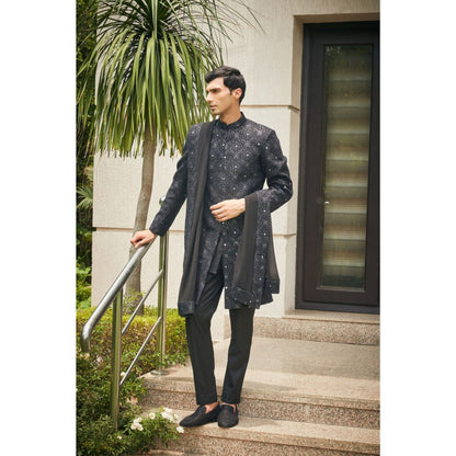 Bohame Varnit Black Chikankari Embroidery Sherwani Kurta and Pant with Dupatta (Set of 4)