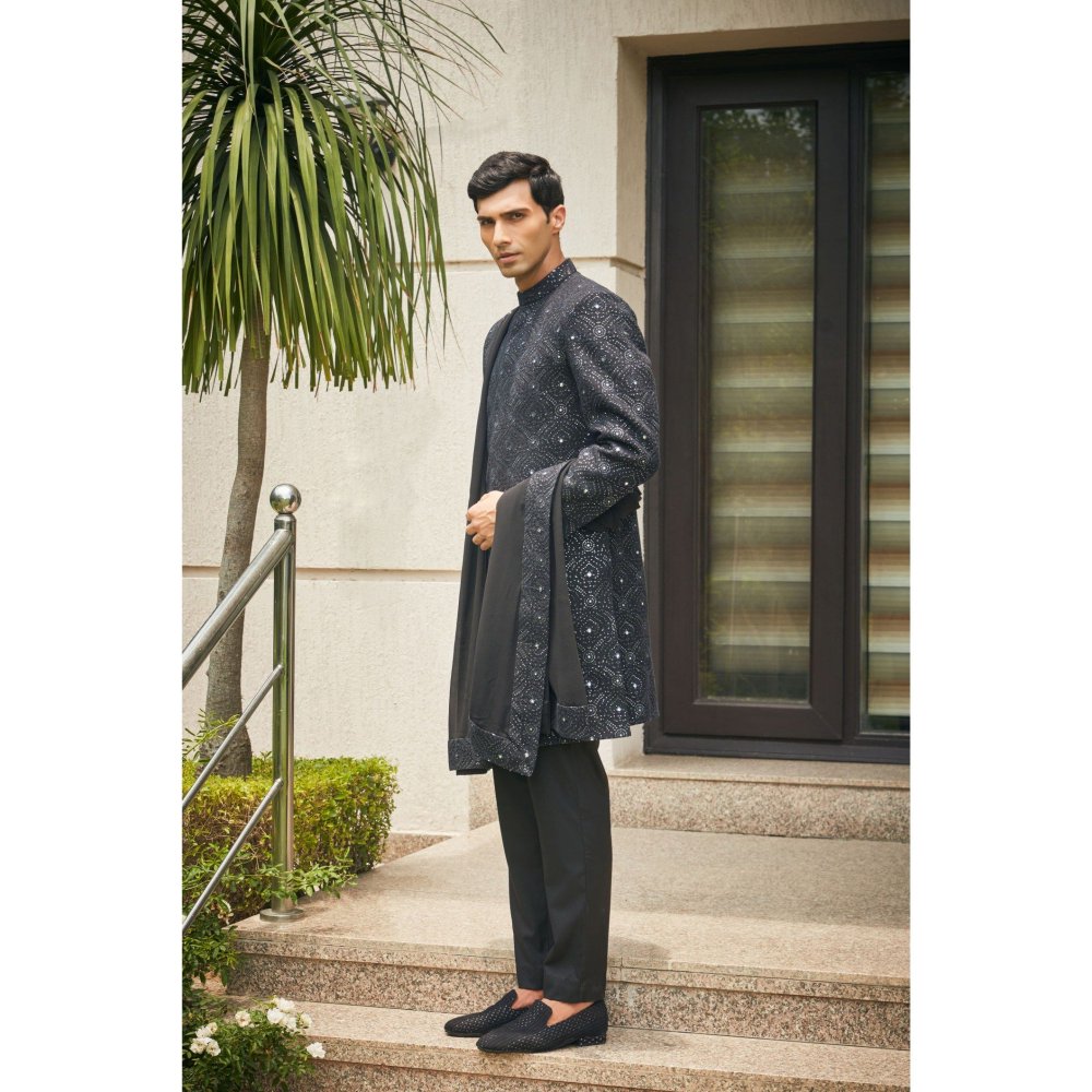 Bohame Varnit Black Chikankari Embroidery Sherwani Kurta and Pant with Dupatta (Set of 4)