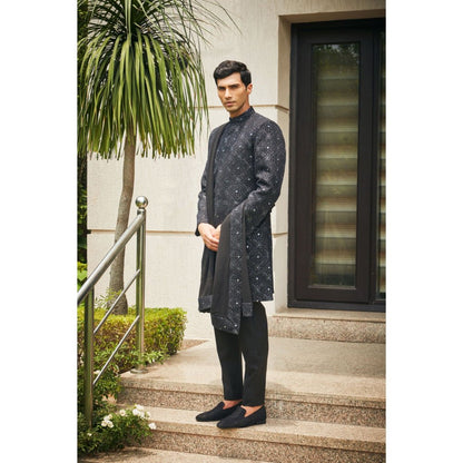Bohame Varnit Black Chikankari Embroidery Sherwani Kurta and Pant with Dupatta (Set of 4)