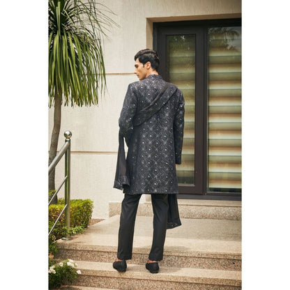 Bohame Varnit Black Chikankari Embroidery Sherwani Kurta and Pant with Dupatta (Set of 4)