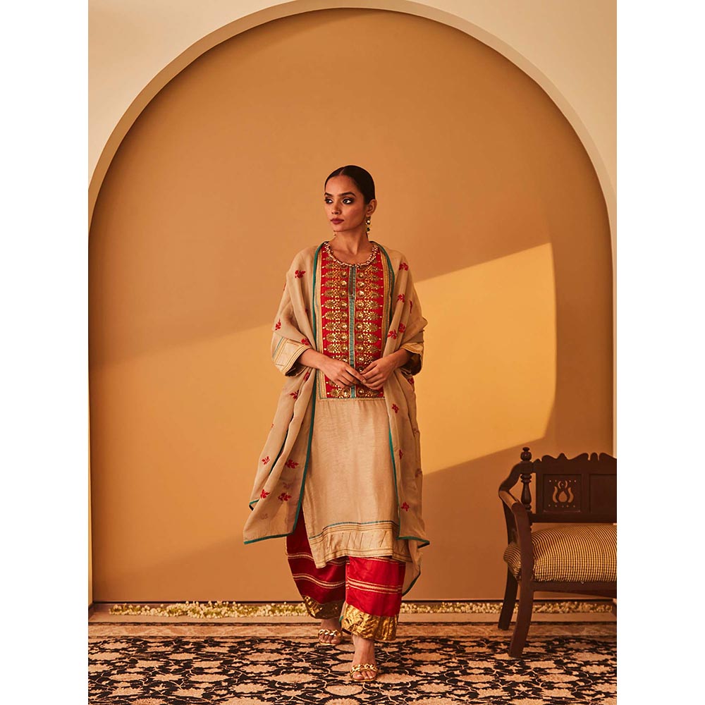Bo Tree Beige Rayana Kurta with Palazzo and Dupatta (Set of 3)