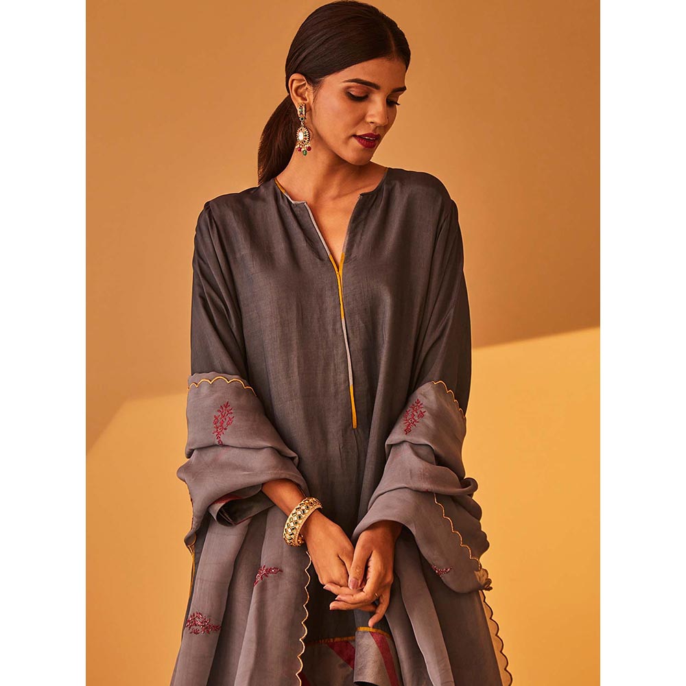 Bo Tree Grey Anjum Kurta with Palazzo and Dupatta (Set of 3)