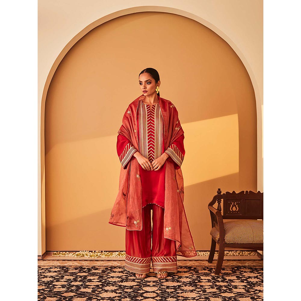 Bo Tree Red Rabata Kurta with Pant and Dupatta (Set of 3)