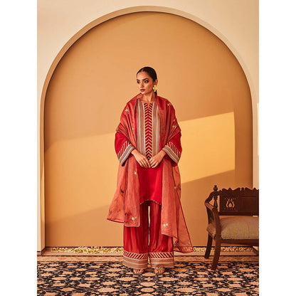 Bo Tree Red Rabata Kurta with Pant and Dupatta (Set of 3)