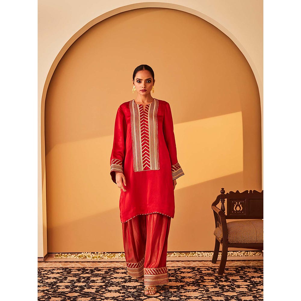 Bo Tree Red Rabata Kurta with Pant and Dupatta (Set of 3)