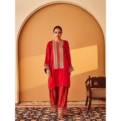 Bo Tree Red Rabata Kurta with Pant and Dupatta (Set of 3)