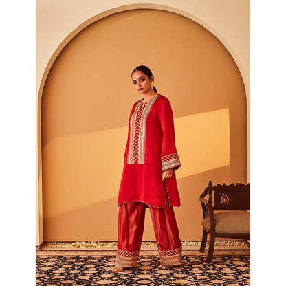 Bo Tree Red Rabata Kurta with Pant and Dupatta (Set of 3)