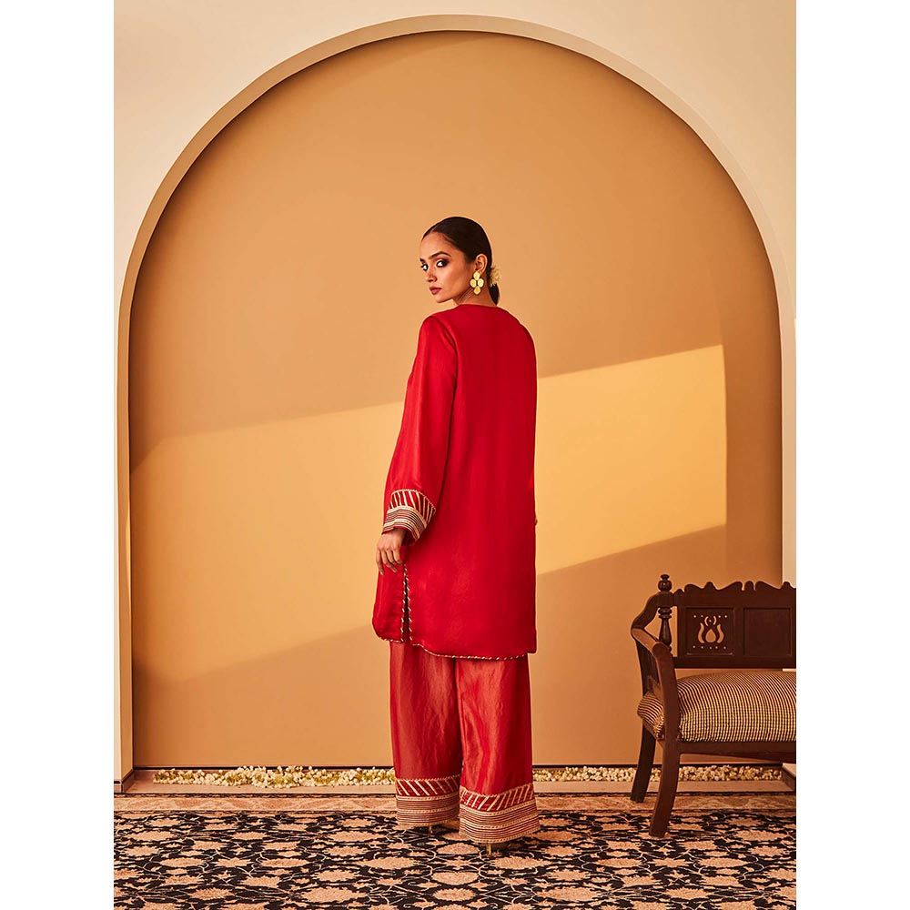 Bo Tree Red Rabata Kurta with Pant and Dupatta (Set of 3)