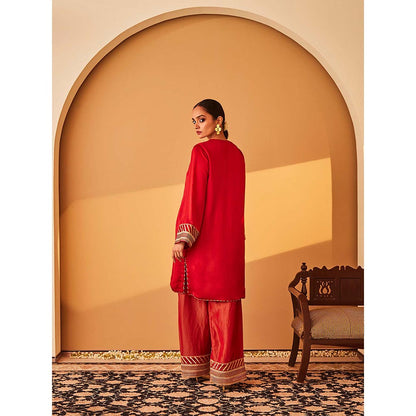 Bo Tree Red Rabata Kurta with Pant and Dupatta (Set of 3)