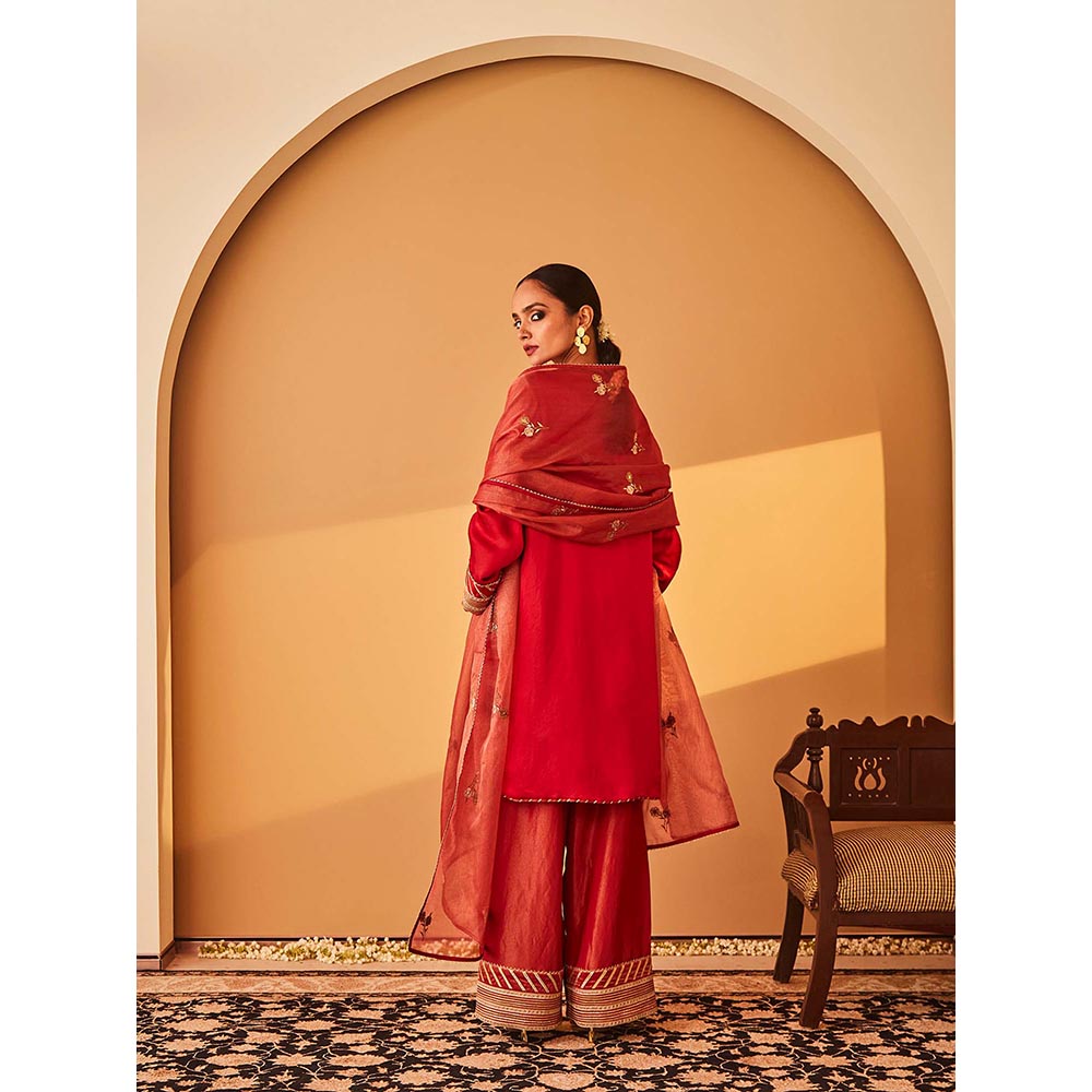 Bo Tree Red Rabata Kurta with Pant and Dupatta (Set of 3)