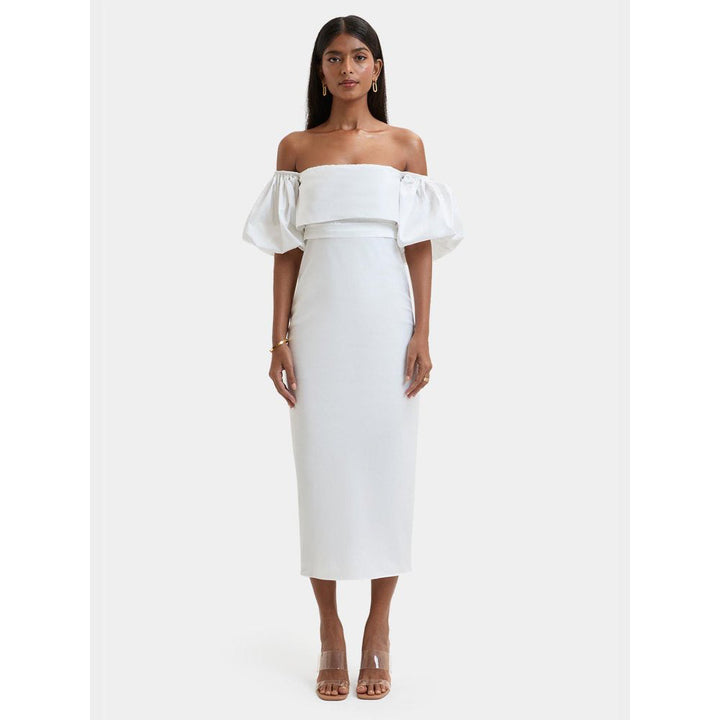 Bouji White Solid/Plain Julia Off-Shoulder Midi Dress