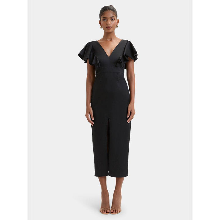 Bouji Black Solid/Plain Dorian Ruffle Sleeve V-Neck Midi Dress