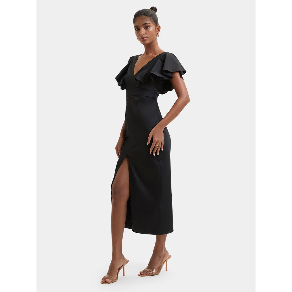 Bouji Black Solid/Plain Dorian Ruffle Sleeve V-Neck Midi Dress