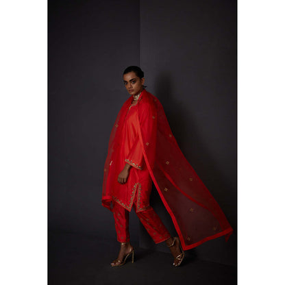 BRIH Scarlet Red Embroidered Dupatta