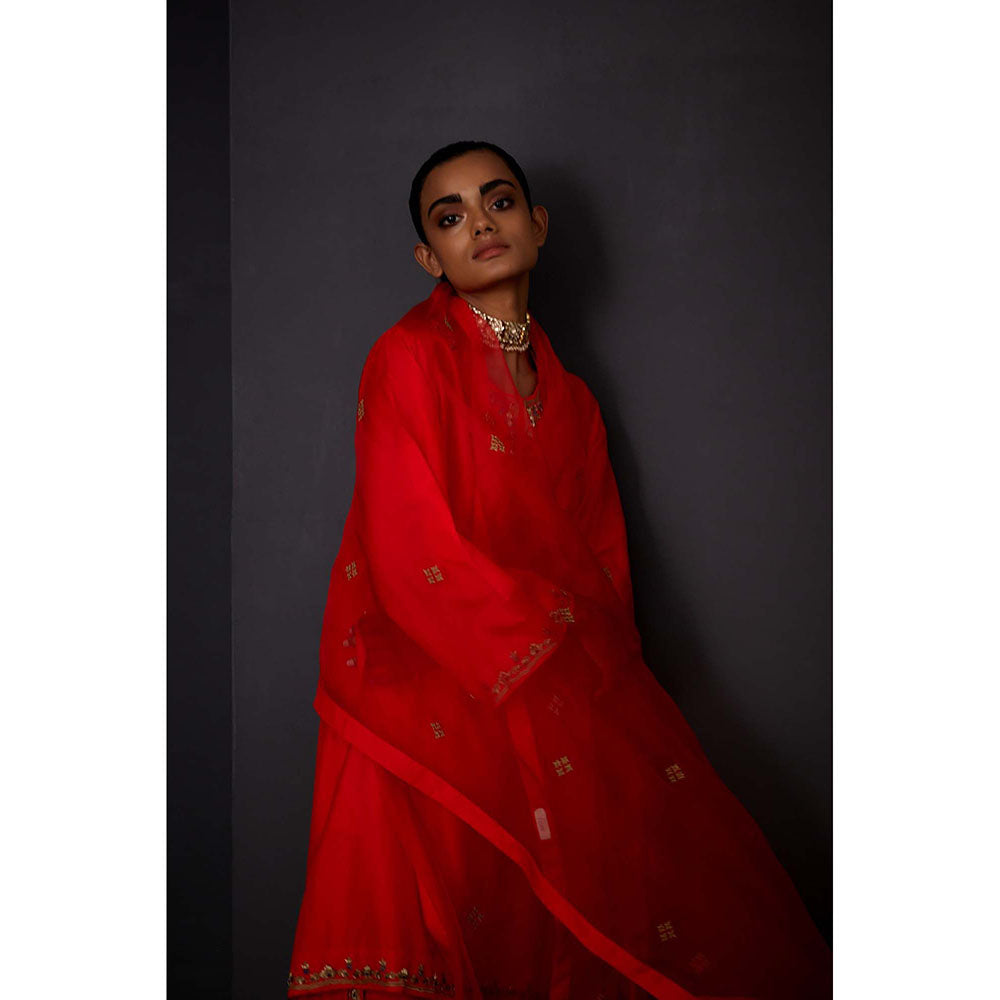 BRIH Scarlet Red Embroidered Dupatta
